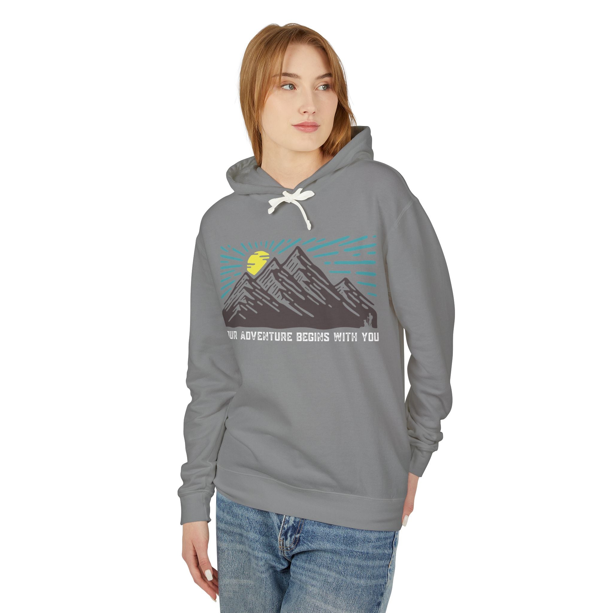 Mountain Sunrise Unisex Lightweight Hooded Sweatshirt, Adventure Hoodie, Nature Lover Apparel, Campfire Gift, Cozy Layering Piece