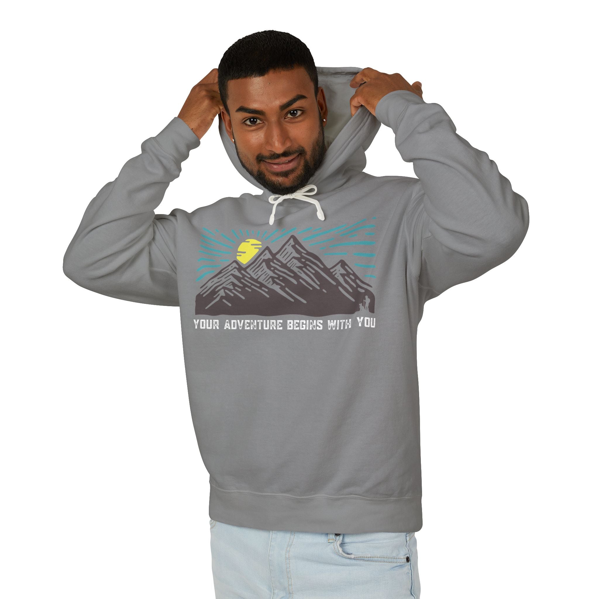 Mountain Sunrise Unisex Lightweight Hooded Sweatshirt, Adventure Hoodie, Nature Lover Apparel, Campfire Gift, Cozy Layering Piece