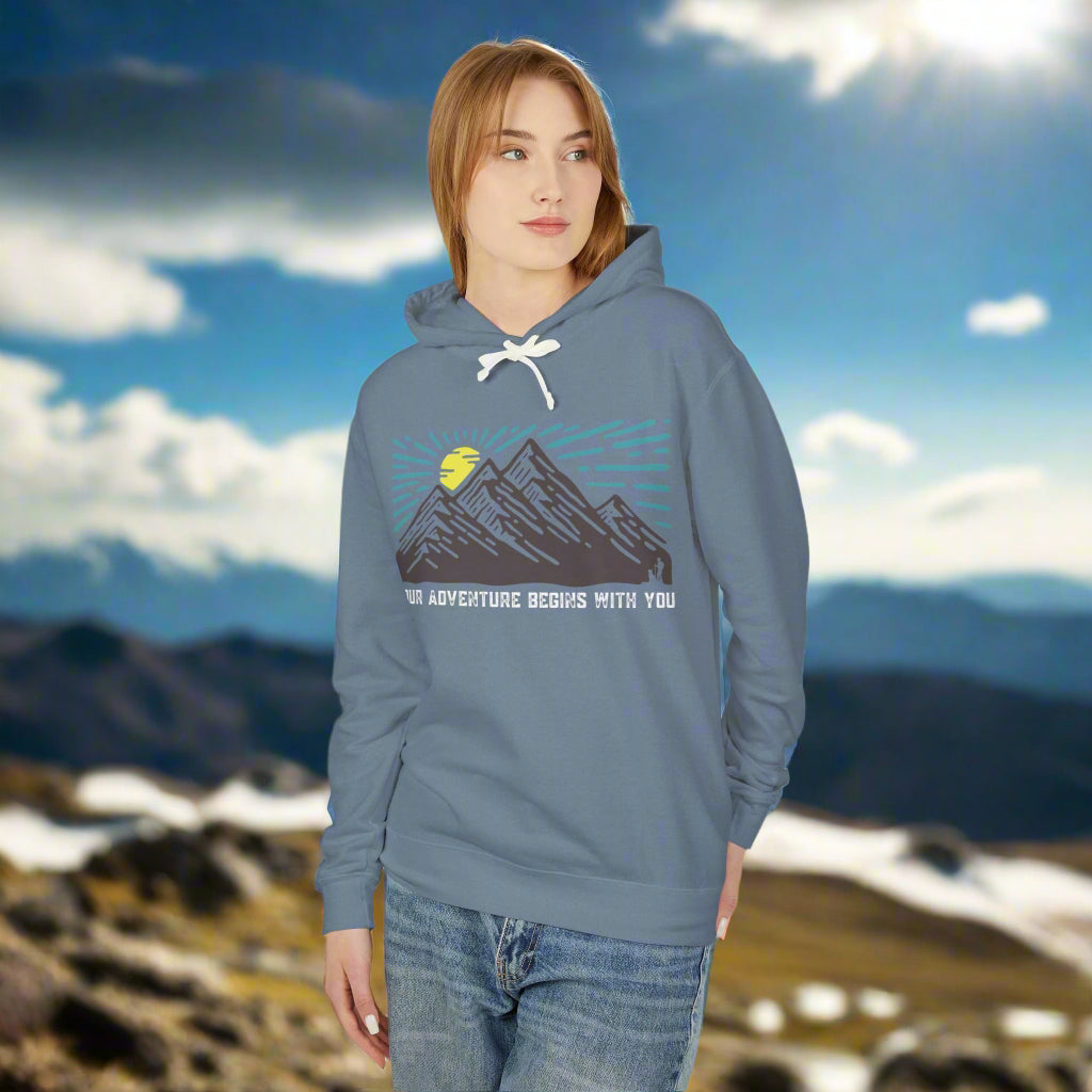 Mountain Sunrise Unisex Lightweight Hooded Sweatshirt, Adventure Hoodie, Nature Lover Apparel, Campfire Gift, Cozy Layering Piece