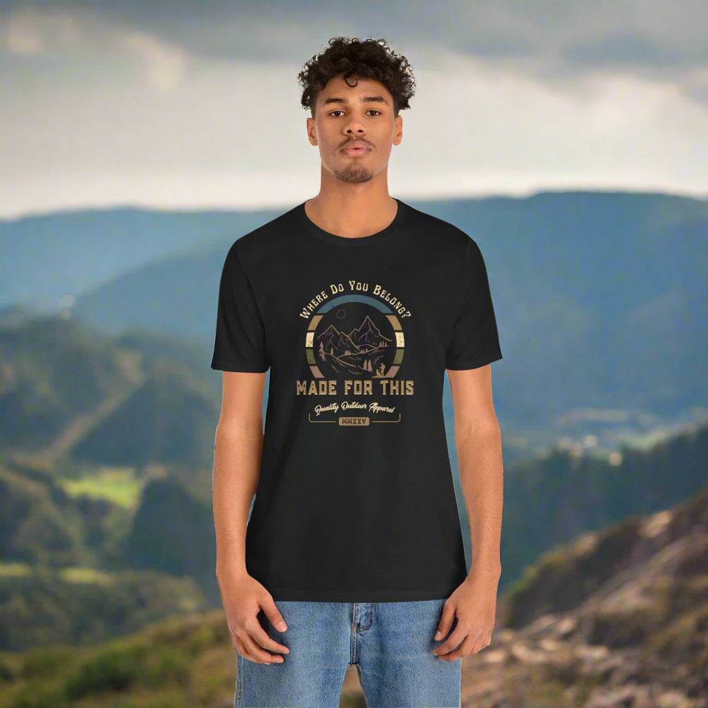 Man wearing a black t-shirt with graphic design and text