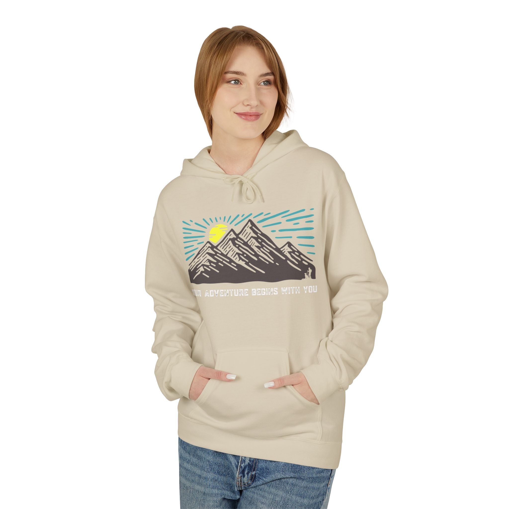 Adventure Awaits Fleece Hoodie | Cozy Mountain-Themed Sweatshirt for Nature Lovers, Outdoor Enthusiasts, Hiking, Camping, Gift Idea, Travel