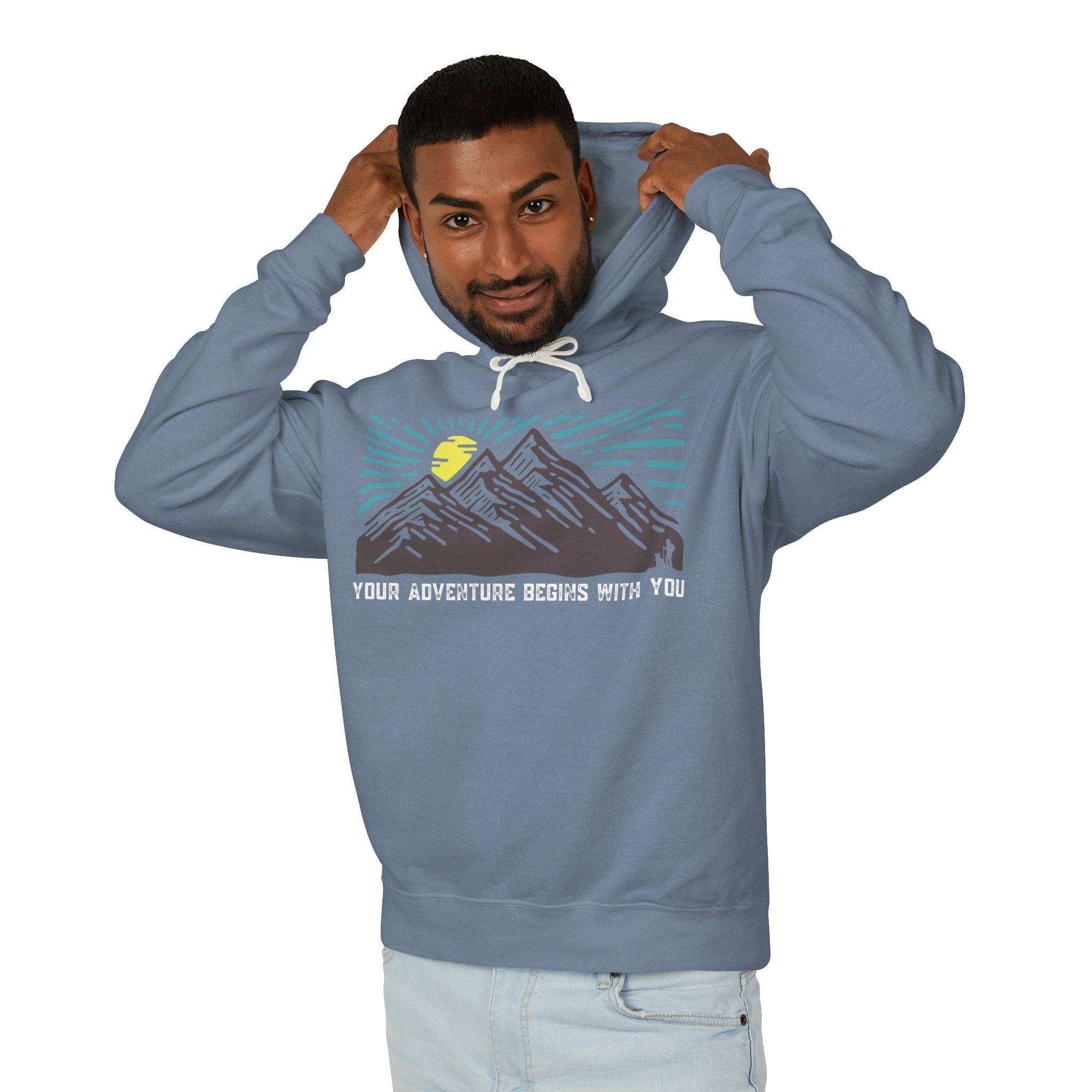 Mountain Sunrise Unisex Lightweight Hooded Sweatshirt, Adventure Hoodie, Nature Lover Apparel, Campfire Gift, Cozy Layering Piece