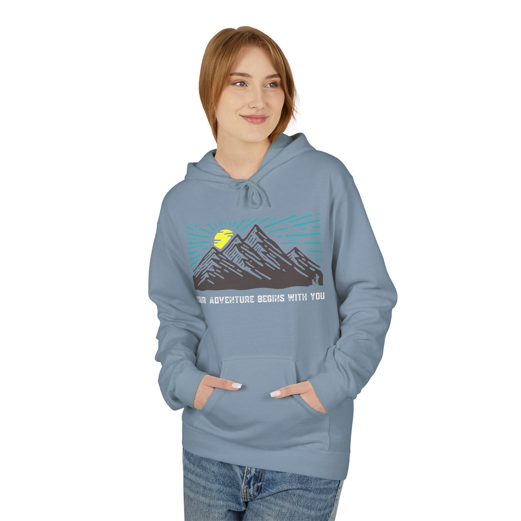 Adventure Awaits Fleece Hoodie | Cozy Mountain-Themed Sweatshirt for Nature Lovers, Outdoor Enthusiasts, Hiking, Camping, Gift Idea, Travel