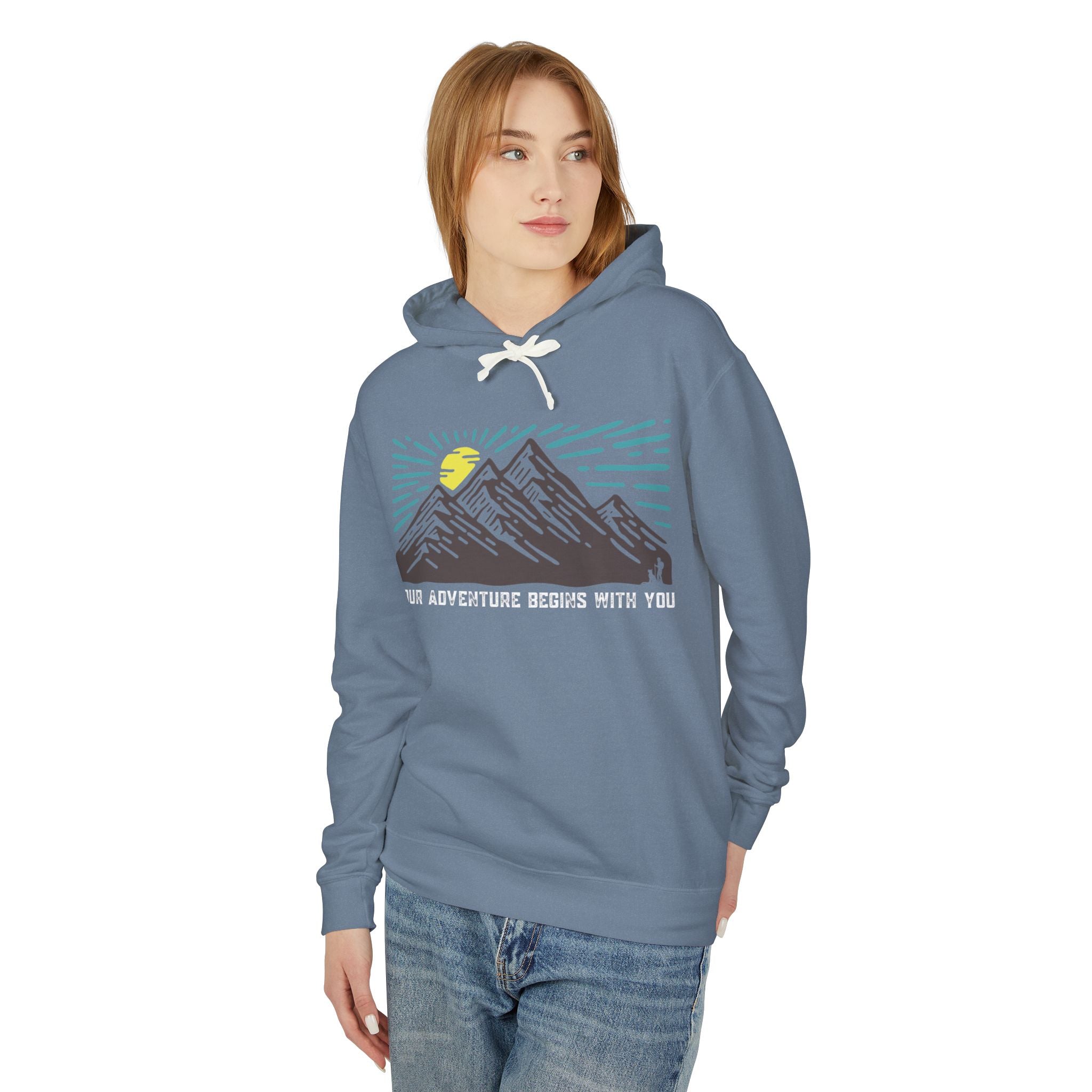Mountain Sunrise Unisex Lightweight Hooded Sweatshirt, Adventure Hoodie, Nature Lover Apparel, Campfire Gift, Cozy Layering Piece