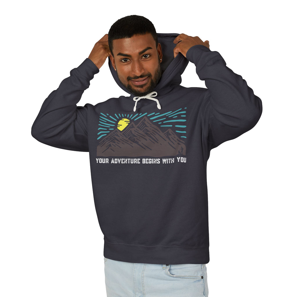 Mountain Sunrise Unisex Lightweight Hooded Sweatshirt, Adventure Hoodie, Nature Lover Apparel, Campfire Gift, Cozy Layering Piece