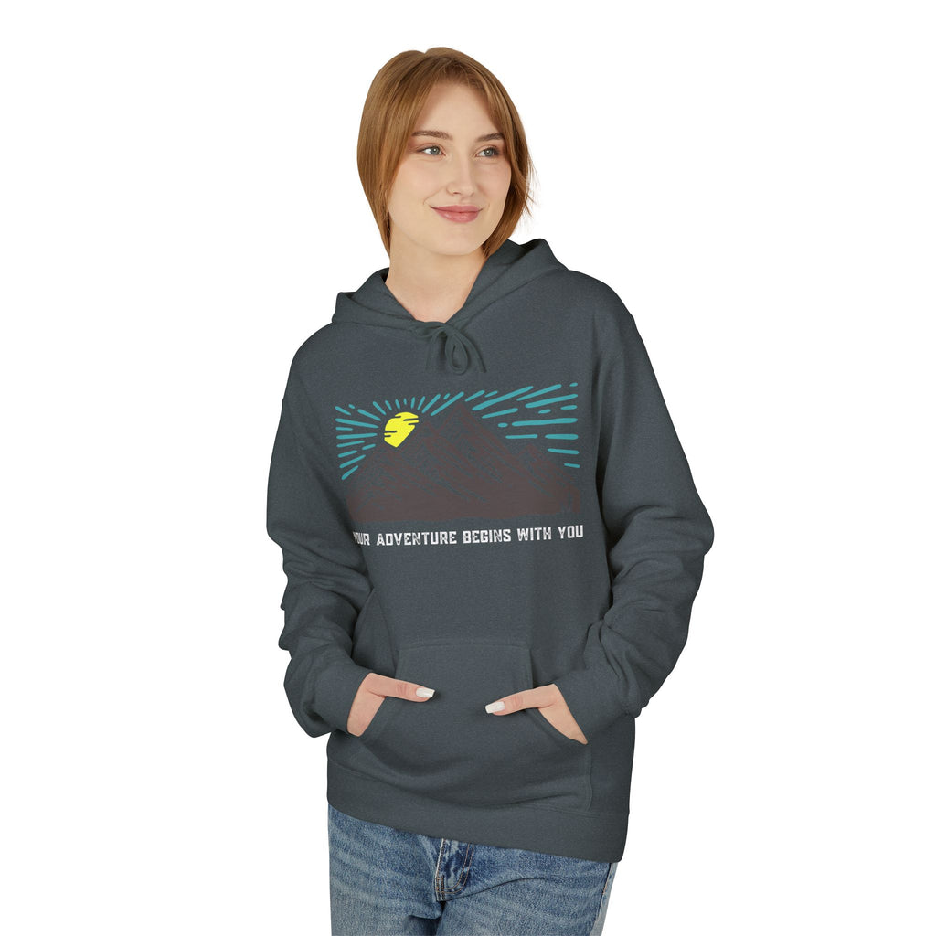 Adventure Awaits Fleece Hoodie | Cozy Mountain-Themed Sweatshirt for Nature Lovers, Outdoor Enthusiasts, Hiking, Camping, Gift Idea, Travel