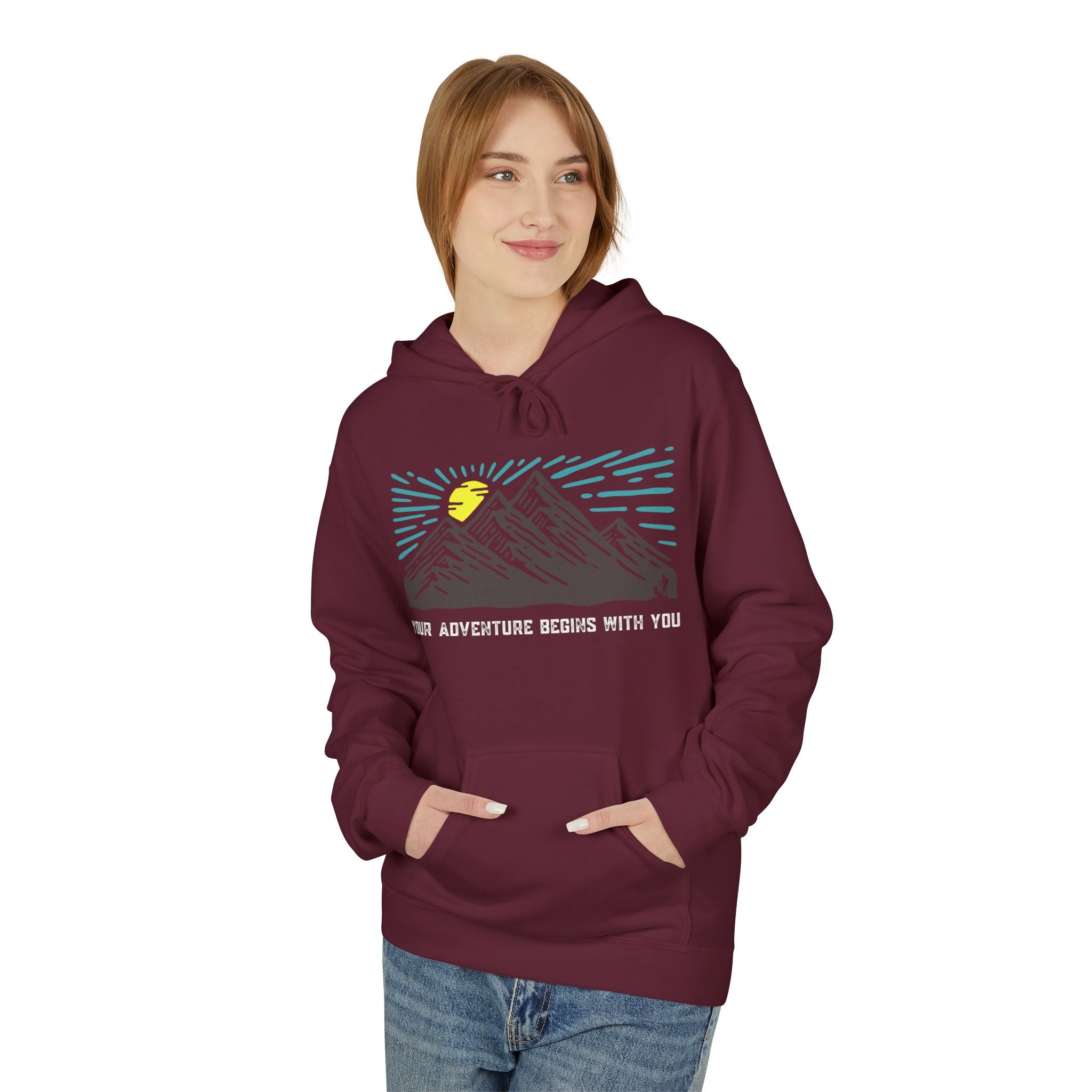 Adventure Awaits Fleece Hoodie | Cozy Mountain-Themed Sweatshirt for Nature Lovers, Outdoor Enthusiasts, Hiking, Camping, Gift Idea, Travel