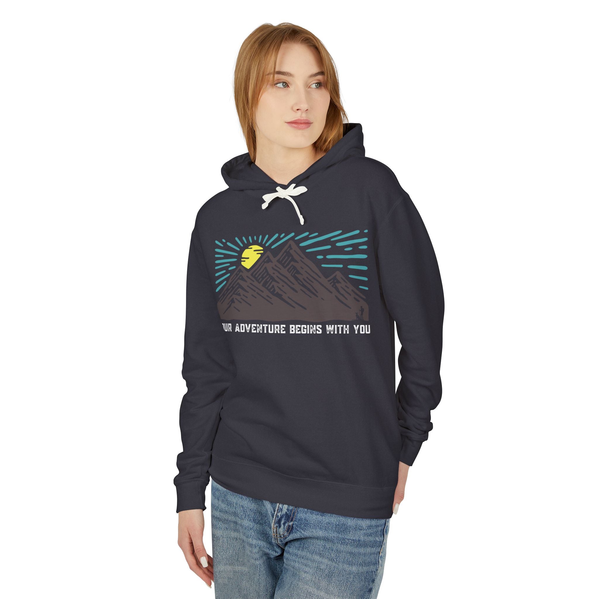 Mountain Sunrise Unisex Lightweight Hooded Sweatshirt, Adventure Hoodie, Nature Lover Apparel, Campfire Gift, Cozy Layering Piece