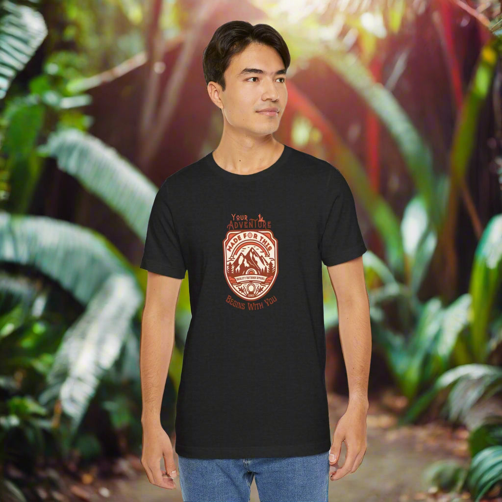 Man wearing a black t-shirt with a red graphic design on a white background